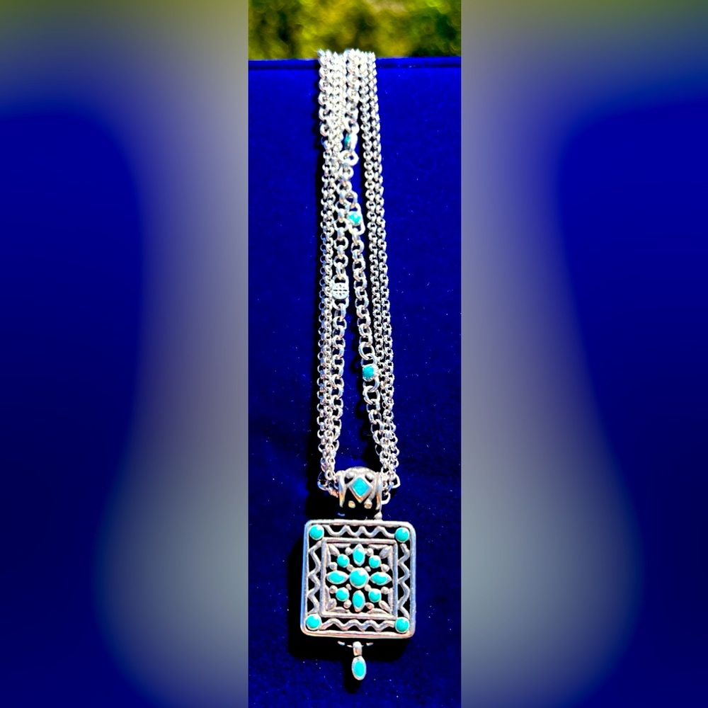 Brighton Square Pendant with Turquoise Accent and Triple Silver Strand Necklace